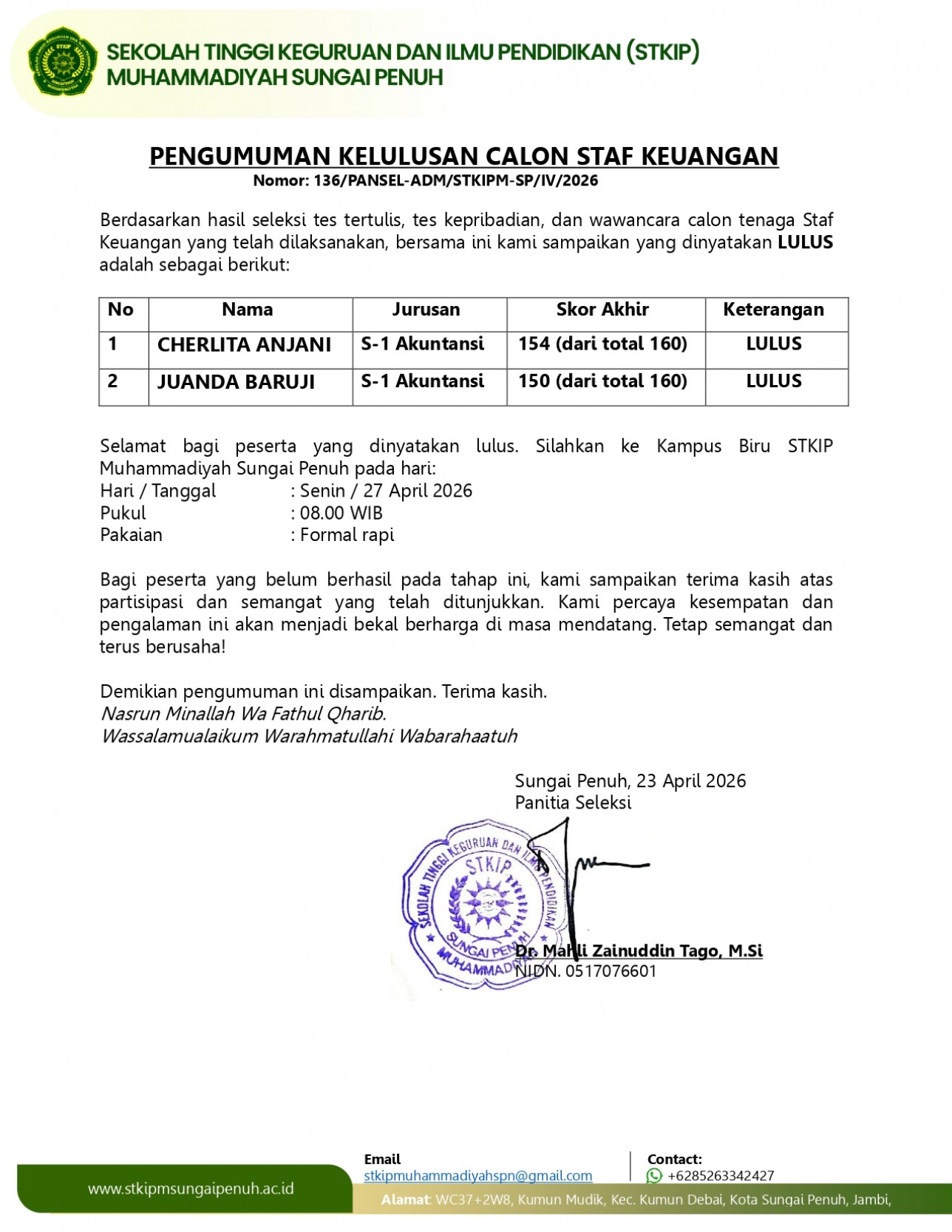 PENGUMUMAN KELULUSAN STAF KEUANGAN