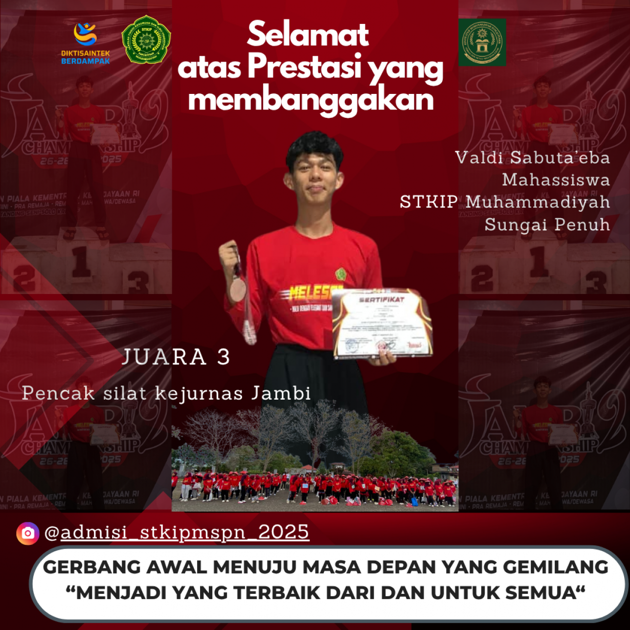 Valdi Sabuta’eba, mahasiswa STKIP Muhammadiyah Sungai Penuh, berhasil menorehkan prestasi gemilang dengan meraih Juara 3 dalam ajang Kejuaraan Nasional (Kejurnas) Pencak Silat di Jambi.